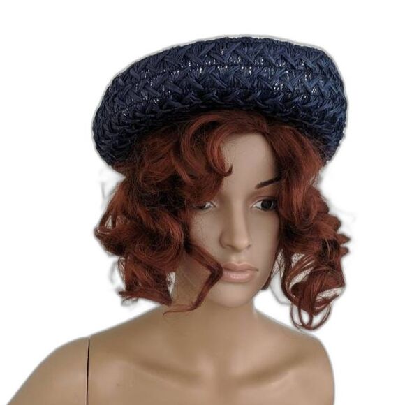 Vintage 50s Dark Blue Hat Raffia Straw Summer Sun - Picture 2 of 6